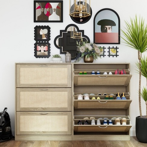 Famapy Yellow Stylish Flip-up Shoe Rack with Rattan - style Design: Space - saving and Adjustable - image 1 of 4