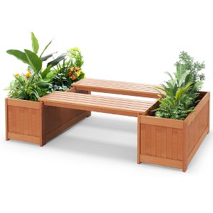 Tangkula 2PCS Hardwood Outdoor Planter Box w/ Seat 2-in-1 Wooden Raised Garden Bed & Bench - 1 of 4