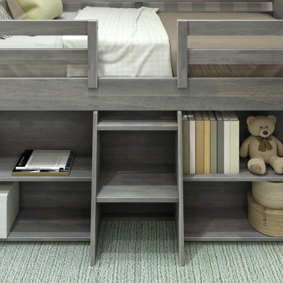 Driftwood Twin Loft Bed with Pine Wood Frame and Bookcases