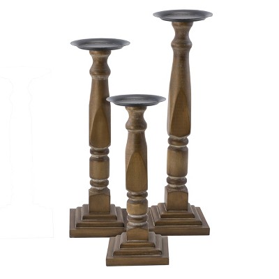 VIP Wood 19.5 in. Brown Turned Wood Pillar Candle Holders Set of 3