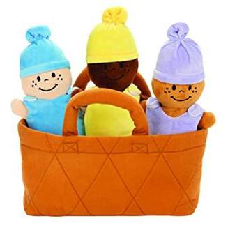 KOVOT Plush Babies in Soft Carrier Basket - Set of 3 Dolls with Removable Outfits that Giggle when Squeezed
