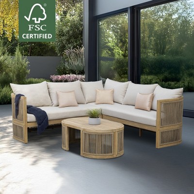 Kinger Home Nancy 3-Piece Acacia Wood Patio Furniture Set, Outdoor Patio Sectional Set with Coffee Table