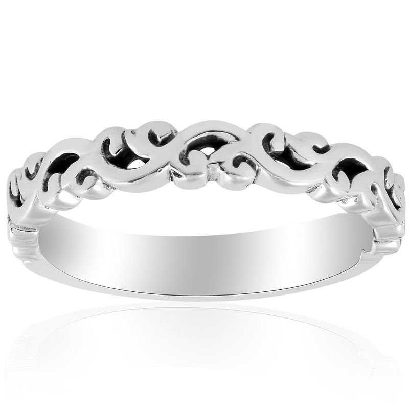 Pompeii3 14k White gold Hand Carved Womens Wedding Band Filigree Vintage Stackable Ring, 1 of 5