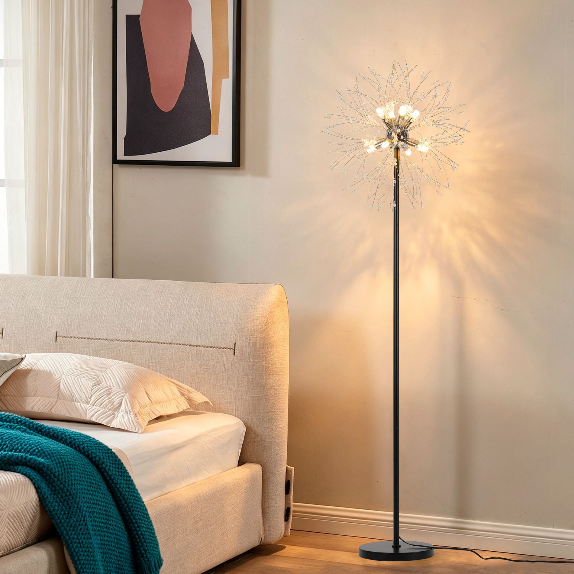 GDFStudio Julian 68.89" Modern Dandelion Floor Lamp with Metal Body and Glass Shades, Black