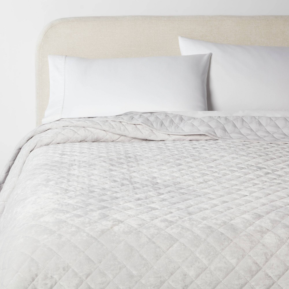 Photos - Bed Linen King Luxe Diamond Stitch Velvet Quilt Light Gray - Threshold™