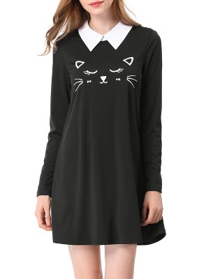 Allegra K Women's Contrast Collar Cat Face Printed Long Sleeve Swing Flare Mini Dress