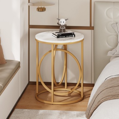 Lirago White Round End Table Faux Marble Top MDF Metal Frame 19.69"D x 25.78"H Modern Sofa Side Table