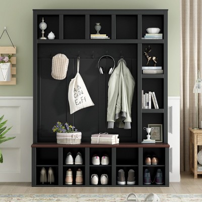 4-In-1 MDF Hall Tree Entryway With Bench And Adjustable Shelves,6 Hooks Coat Rack And Shoe Storage,For Hallways,Living Room-Cuddlewood