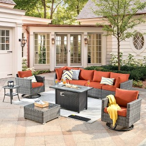 Ovios Venice 9pc Wicker Outdoor Patio Furniture Set Conversation Sofa with a Metal Fire Pit, Swivel Chairs and Cushions - 1 of 4