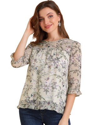 INSPIRE CHIC Women's Round Neck Ruffle 3/4 Sleeve Floral Print Chiffon Blouse