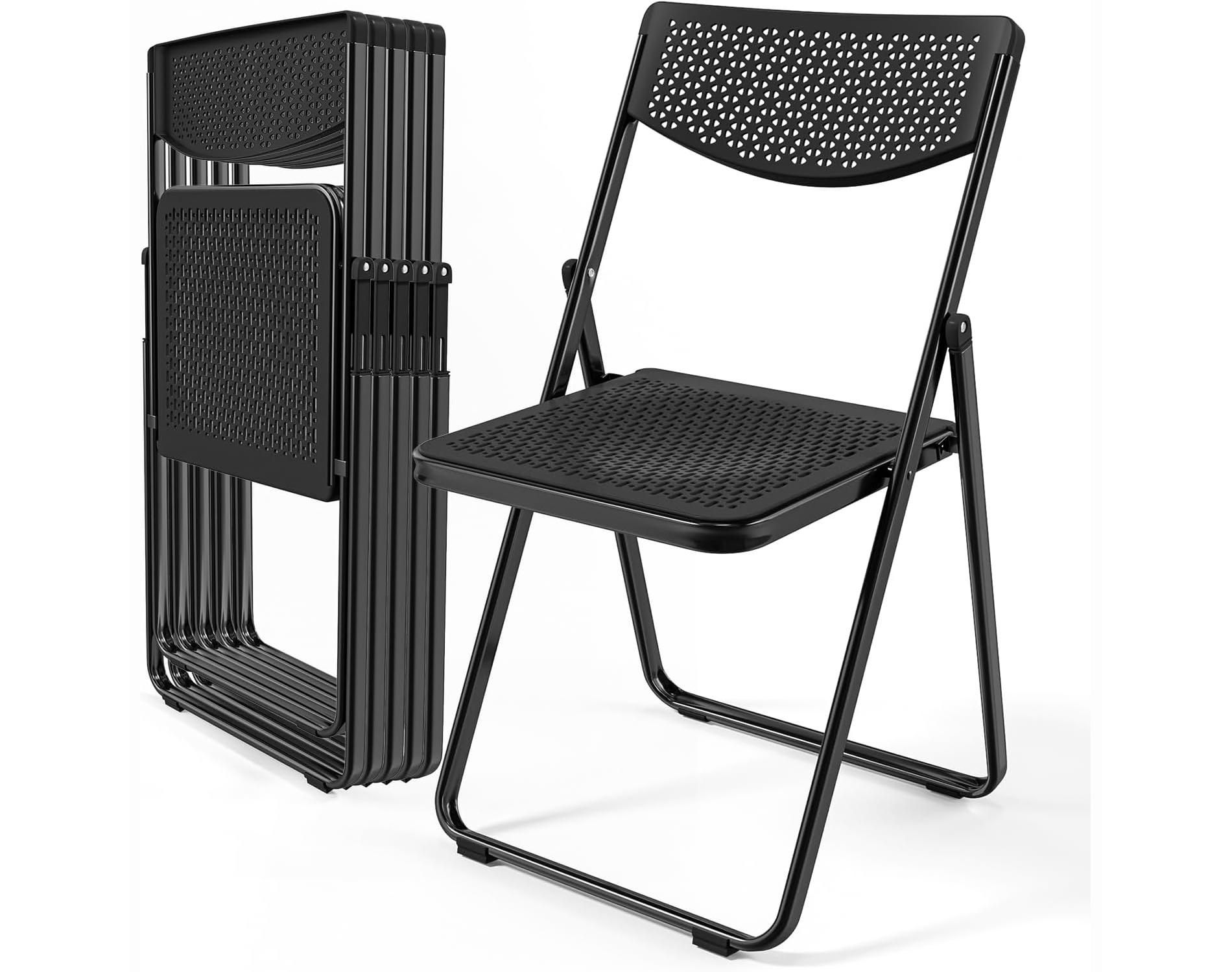 VINGLI Plastic Folding Chairs, Comfortable Foldable Chair with Breathable Mesh Seat and Sturdy Metal Frame 350lbs Capacity, Black, 6 Pack