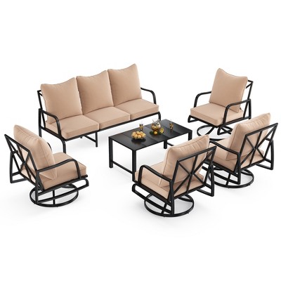 Maggift Patio Seating Set 6-Piece with Swivel Rocking Chair, Side Table and Thick Cushion for Deck, Backyard and Garden, Beige, 23.2" * 26.8" * 34.2"
