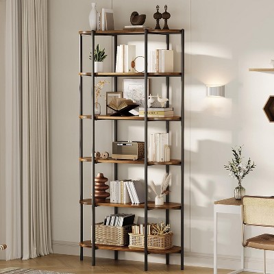 Industrial 6-Tier Bookcase – Tall Vintage Metal Frame Bookshelf with Oval Design, Open Storage for Home, Office, Living Room