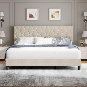Platform Bed Frame with Upholstered Headboard and Wooden Slats Support, Upholstered Mattress Foundation/No Box Spring Needed/Easy Assembly - 1 of 4