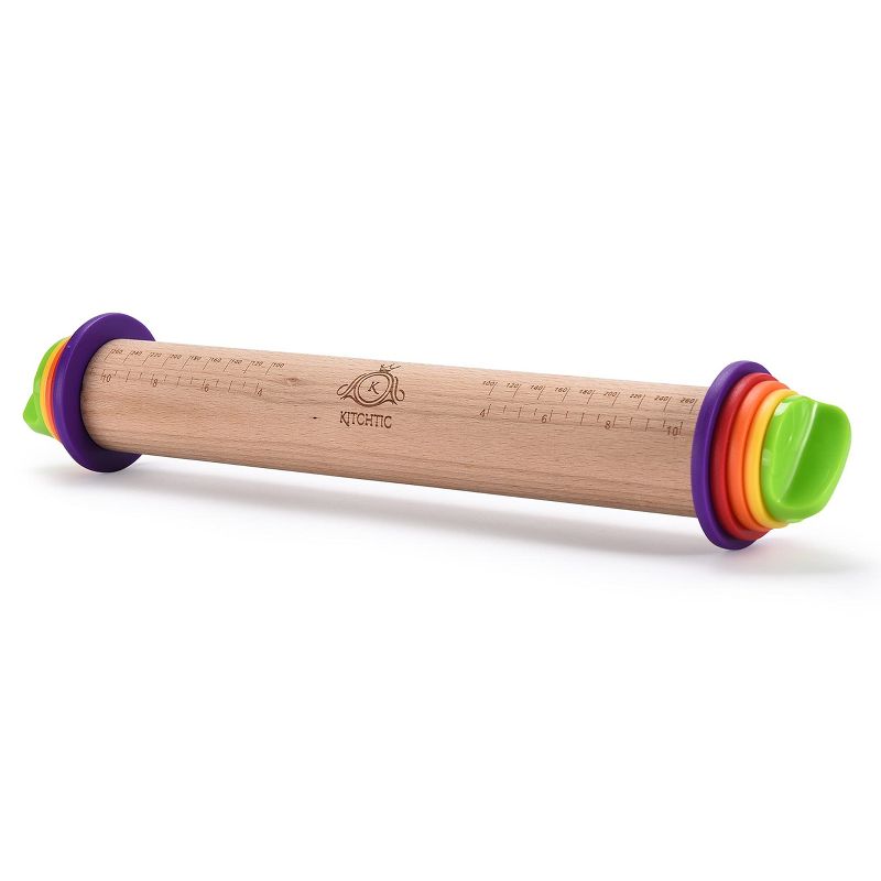 Kitchtic 13.7 x 2.75 x 2.75'' Adjustable Wooden Rolling Pin with Thickness Rings, Multicolored, 1 of 3