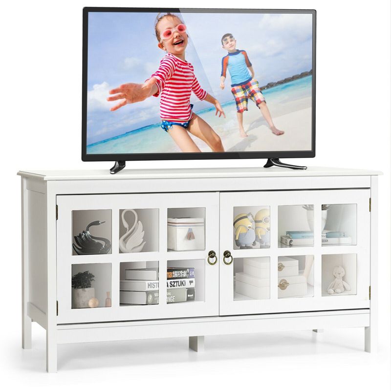 Tangkula TV Stand Modern Wood Storage Console Entertainment Center w/ 2 Doors White, 1 of 11