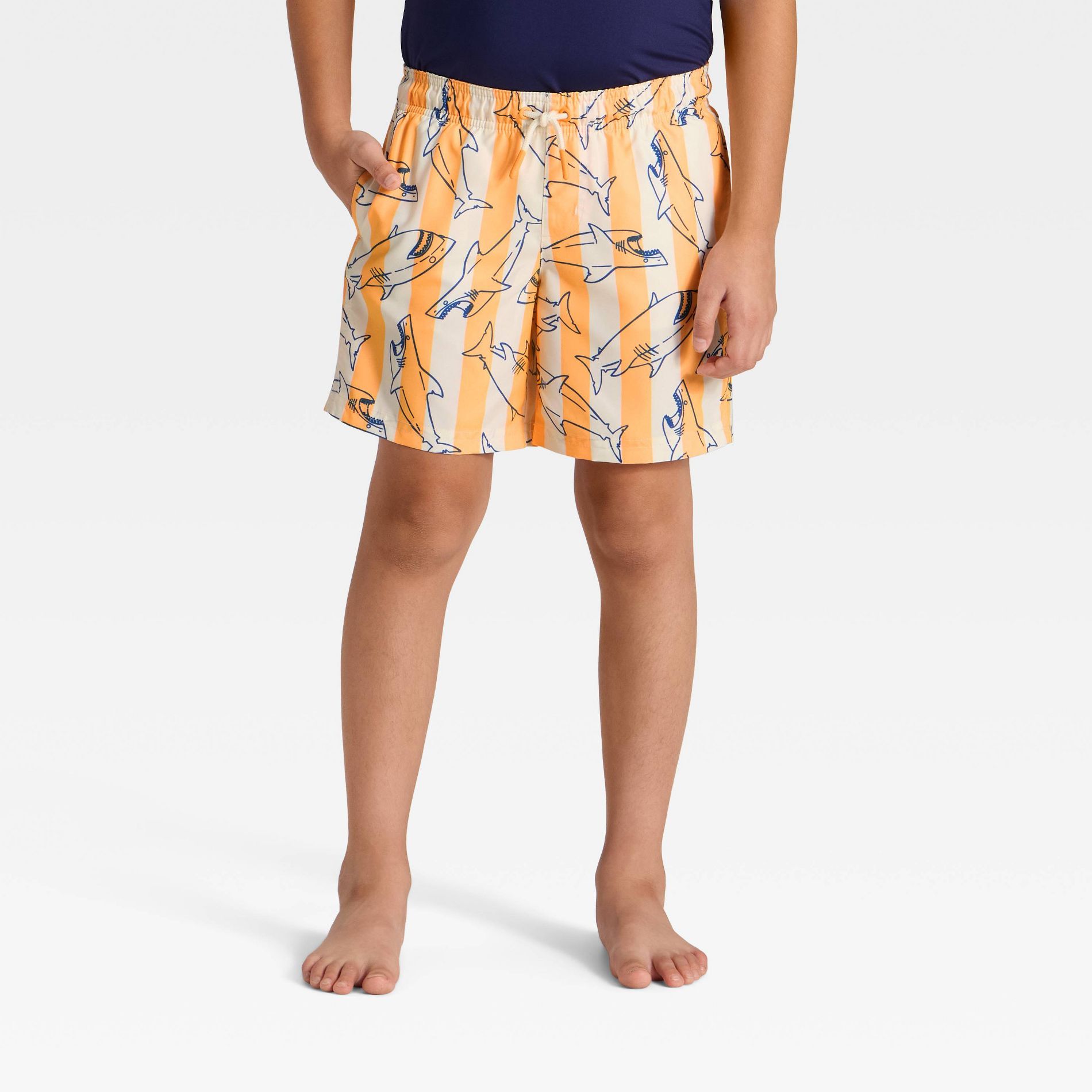 Boys' Pinstripe Shark Printed Swim Shorts - Cat & Jack™ Starry Yellow/Cream/Blue
