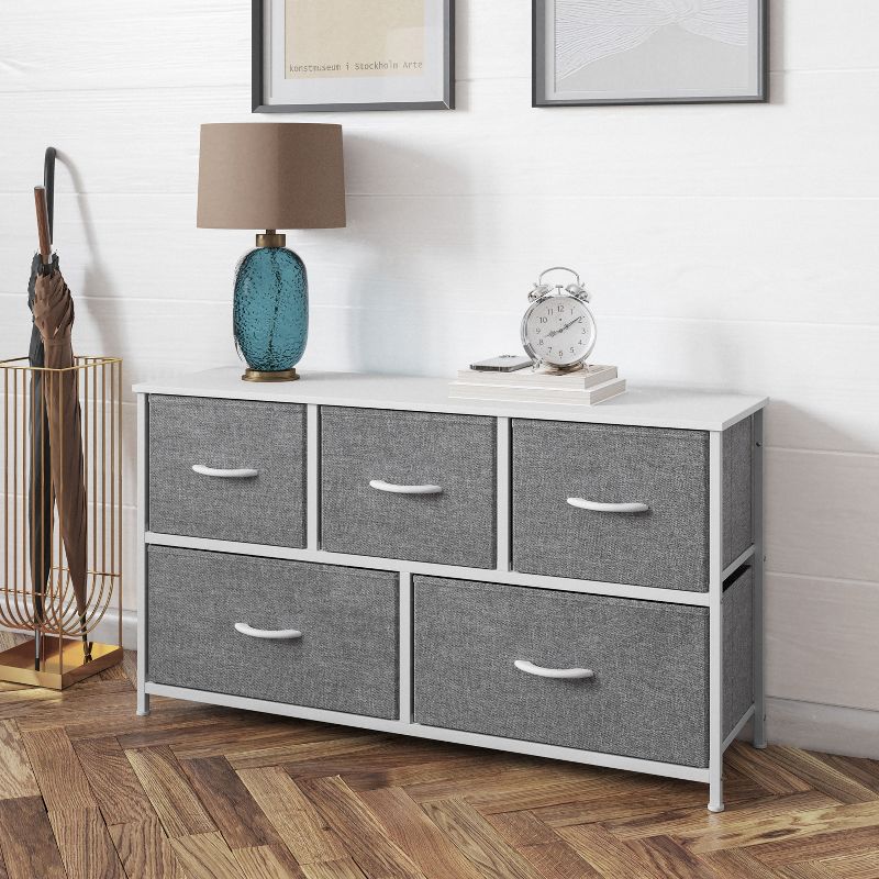 Flash Furniture Harris 5 Drawer Vertical Storage Dresser with Cast Iron Frame, Wood Top and Easy Pull Fabric Drawers with Wooden Handles, 2 of 12