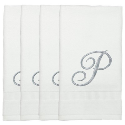 BC BARE COTTON Monogrammed Fingertip Towels, Personalized Gift, 11 x 18 Inches - Set of 4 - White - Silver Script