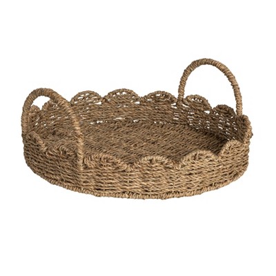 Household Essentials Round Handwoven Seagrass Tray with Scalloped Edge and Handles Natural