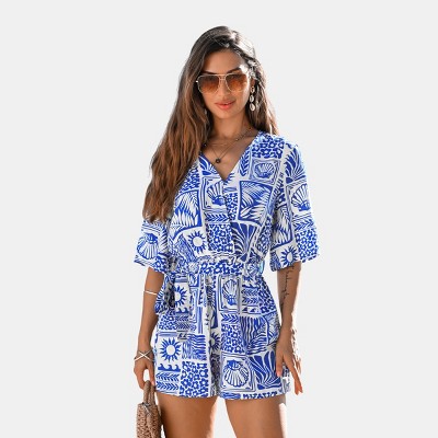 Women's Vibrant Blue and White Floral Print Romper - Cupshe