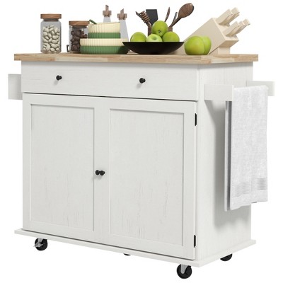 Distressed White Rubberwood Kitchen Cart with Spice Rack and Storage