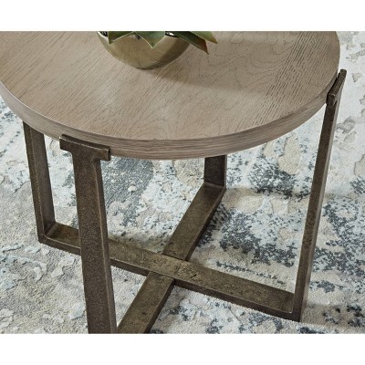 Gray Oak and Aluminum Round Industrial End Table