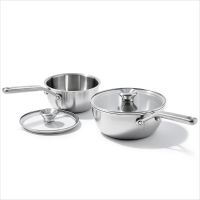 OXO Mira 4pc (1.5qt and 3.57qt) Tri-Ply Stainless Steel Multi Clad Chef's Pan Set with Lids: Dishwasher-Safe, Induction Compatible