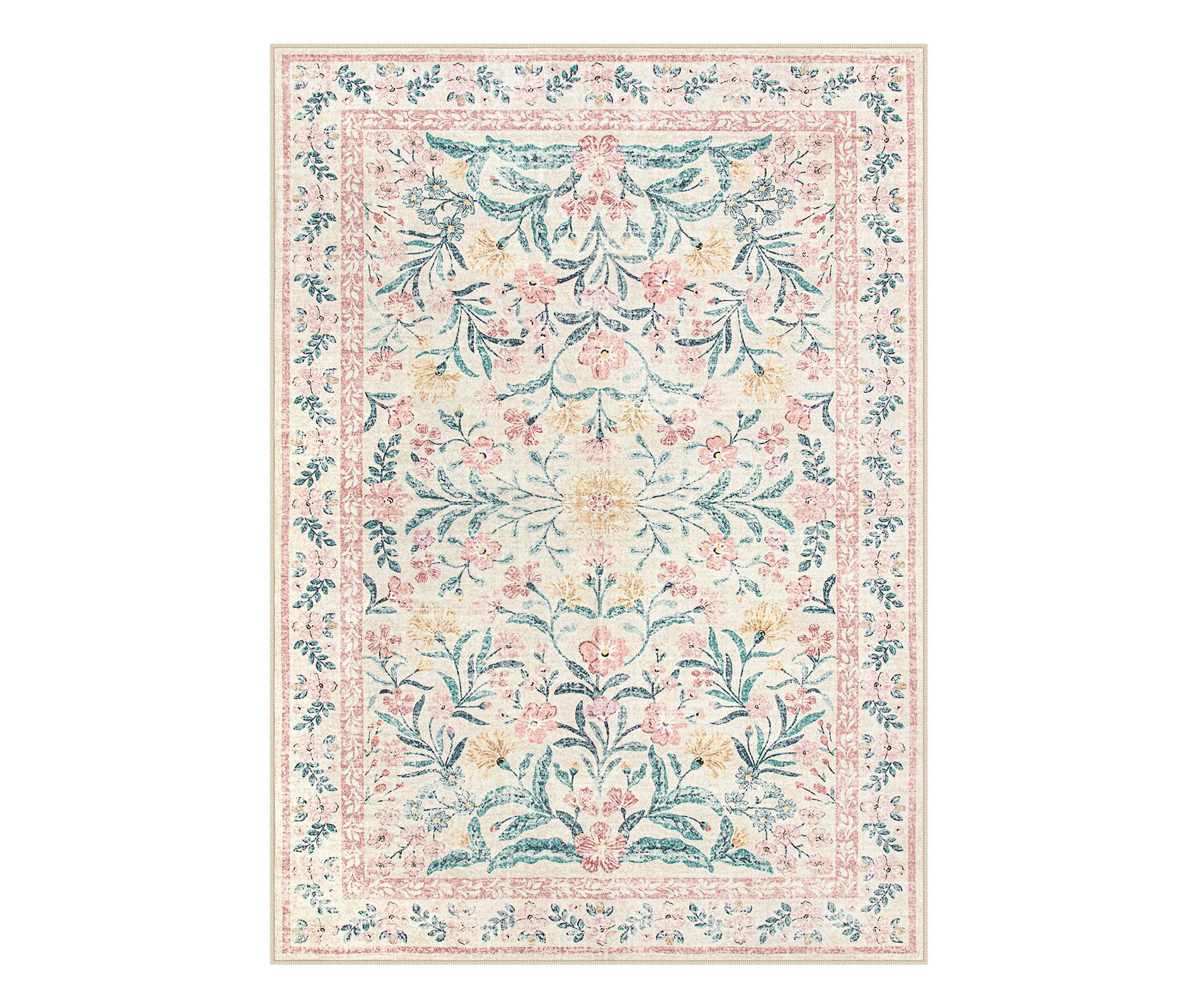 Itopfox Machine Washable Nursery Rug, Pink Floral Carpet Non Slip, Soft Boho Indoor Floor Rug for Girls Bedroom, Living Room, Dorm