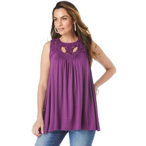 Roaman's Women's Plus Size Crochet Ultra Femme Tank - 1 of 4