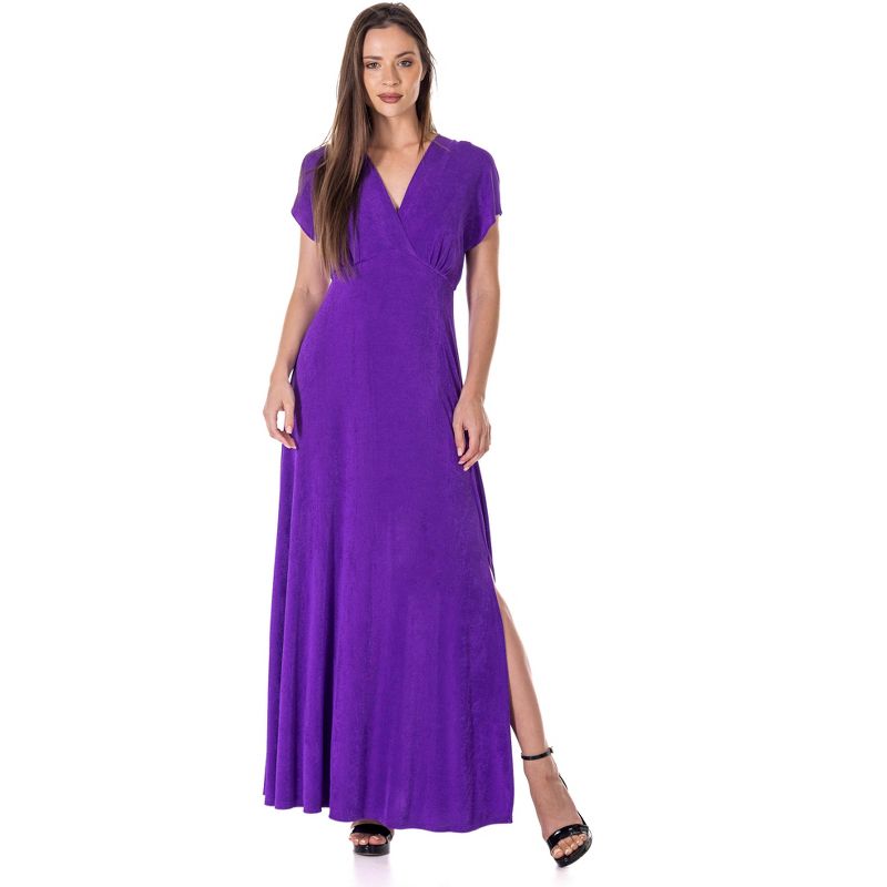 24seven Comfort Apparel Womens Flutter Sleeve Metallic Knit Maxi Dress Front Slit Empire Waist, 1 of 7