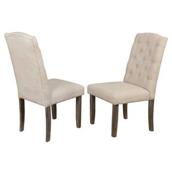 Rustic Wood Dining Chairs Upholstered with Beige Linen Fabric (Set of 2)