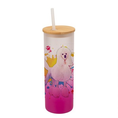 100 North 25 Ounce Frosted Glass Gradient Travel Tumbler With Straw & Wooden Lid, Poodle Dog Paint Splatter Pink
