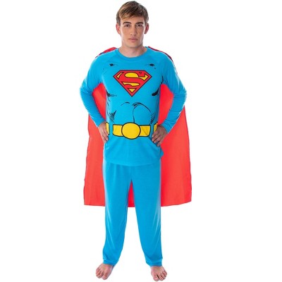 DC Comics Men's Superman Costume Raglan Shirt And Pants Pajama Set with Cape Classic Superman