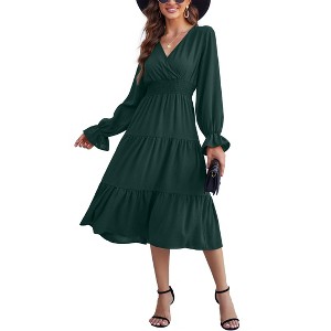 Women's Casual Wrap V Neck Midi Dress Long Sleeve Smocked Waist Tiered A Line Pleated Flowy Long Dress - 1 of 4
