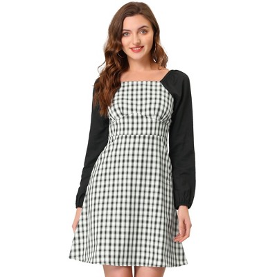 Allegra K Women's Square Neck Plaid Contrast Long Sleeve A-Line Dress