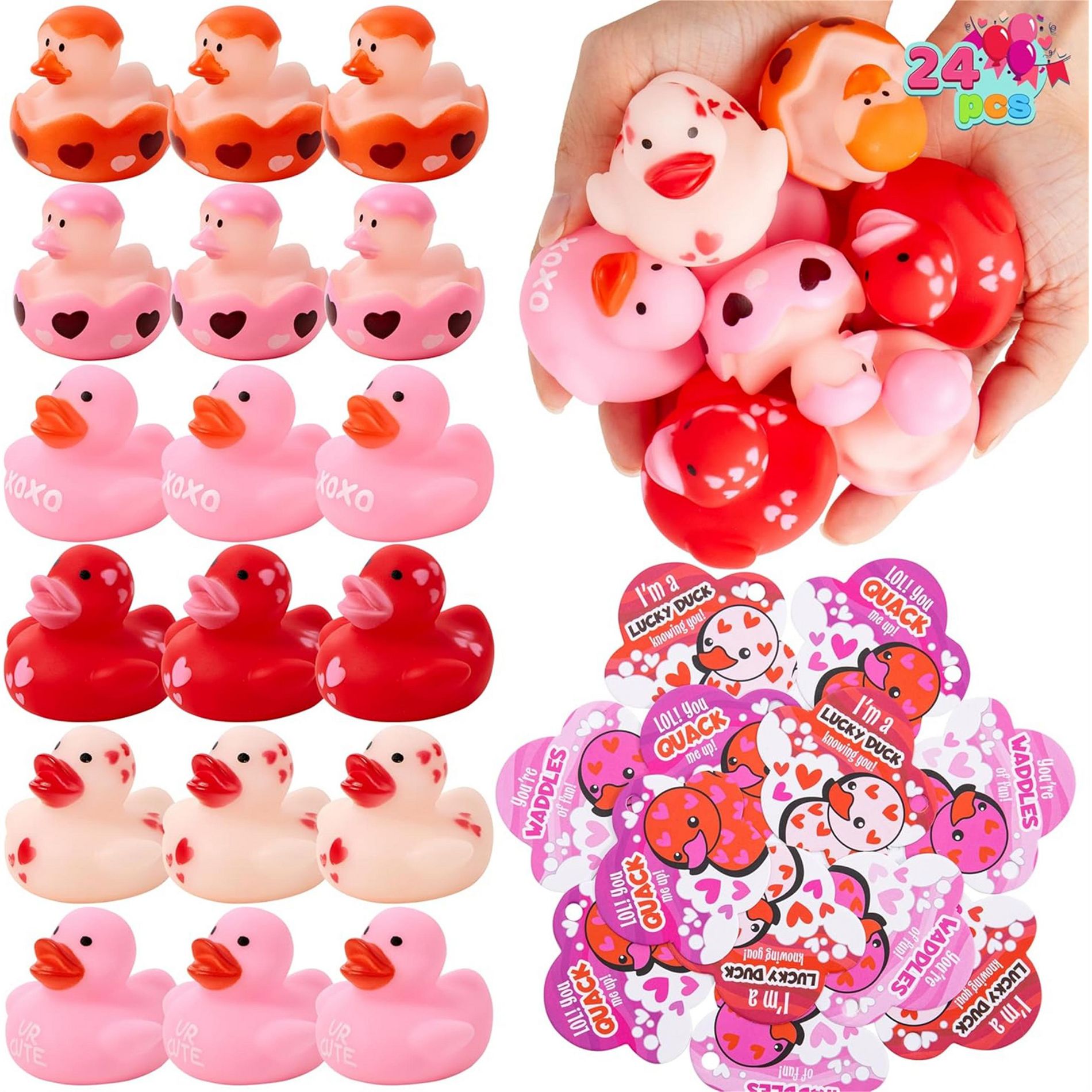 Joyfy 24 Pcs Valentine’s Day Gift Cards with Rubber Duck for Kids, Rubber Duck Bath Toys for Classroom Exchange Prizes, Valentine Party Favors Toys