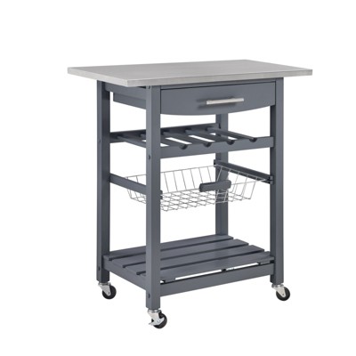 FONTOI Mobile Rolling Kitchen Island with Underneath Drawer, Trolley Serving Cart Slide-Out Wire Storage Basket, Grey, 15.75"*33.55"*30"