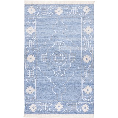 Blue and Ivory 6' x 9' Handmade Wool Kilim Area Rug