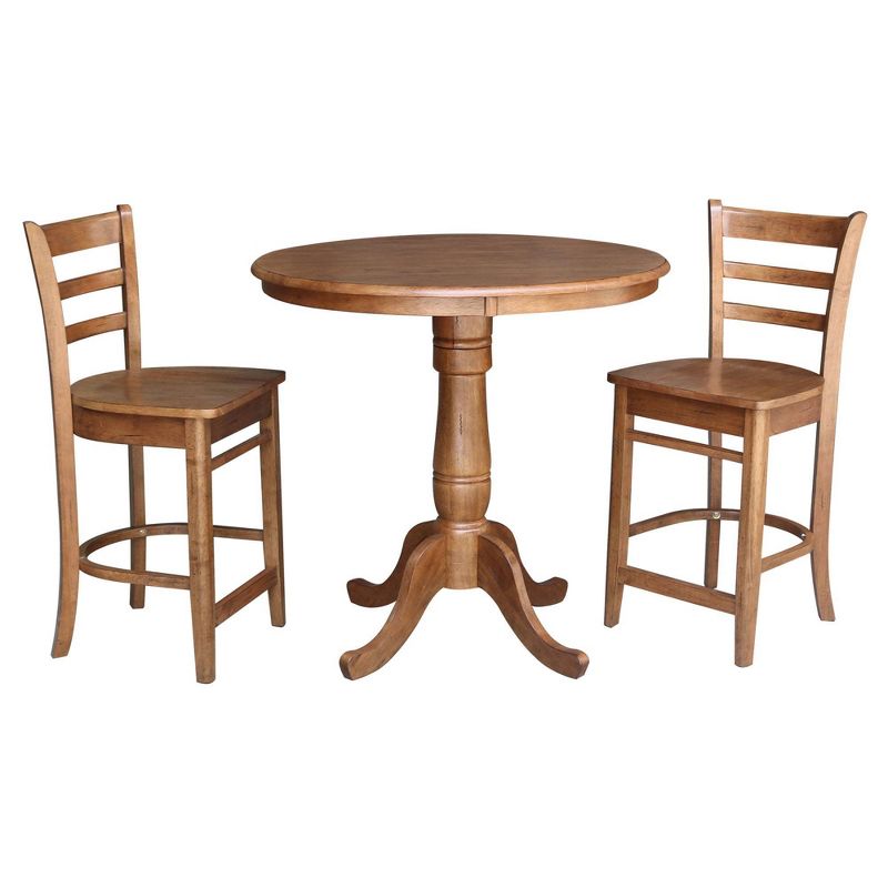 36&#34; Jenin Round Pedestal Gathering Height Table with 2 Emily Counter Height Bar Stools Dining Sets Distressed Oak - International Concepts, 1 of 7