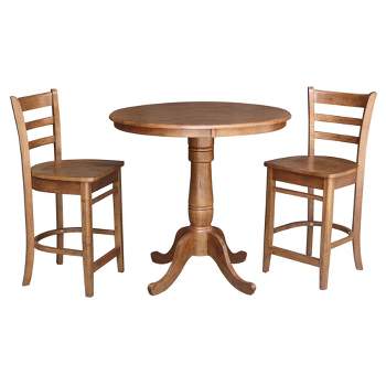 36" Jenin Round Pedestal Gathering Height Table with 2 Emily Counter Height Bar Stools Dining Sets Distressed Oak - International Concepts