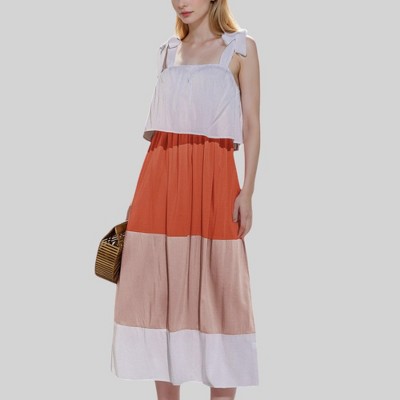 Anna-Kaci Women's Color Block Maxi Dress with Tie Shoulder Straps