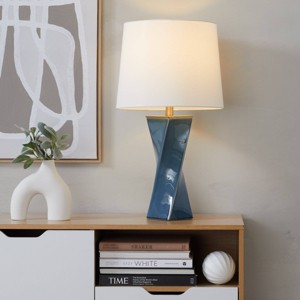 LumiSource Curvo 27" Contemporary Table Lamp Blue Ceramic, Gold Metal, and White Linen - 1 of 4