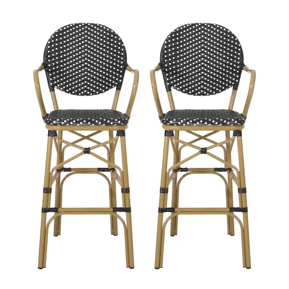 Christopher Knight Home 2pc Vande Wicker and Aluminum Outdoor Patio 29.5" French Barstools Black/White/Bamboo Print Finish