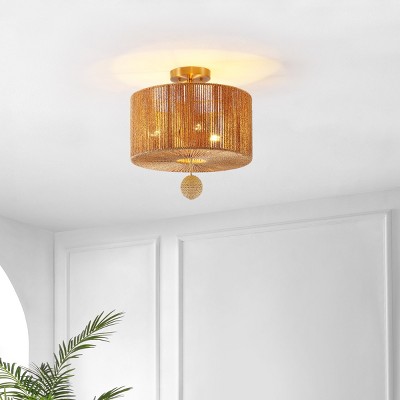 Solmaz Natural Paper Rope and Gold Drum LED Flush Mount Light