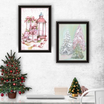 YOOCOZZ Christmas Trendy Decoration,Trendy Decor 4U 2- Piece Wall Art, Vignette Pink Candy Land Christmas Trees, by Mary June, Black or White Framed