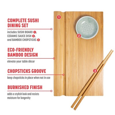 Burnished Bamboo Rectangular Sushi Board Set with Ceramic Dish