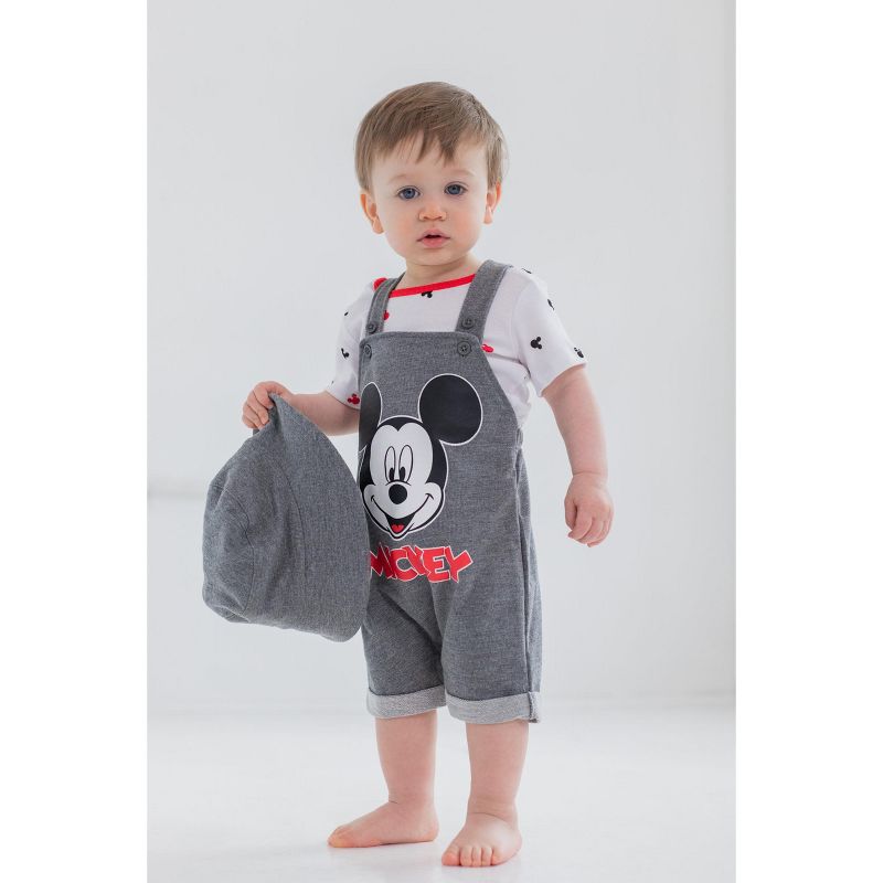 Disney Mickey Mouse Baby French Terry Short Overalls T-Shirt and Hat 3 Piece Outfit Set Newborn to Infant, 3 of 12