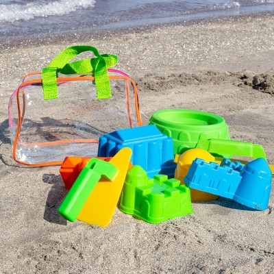 Beach Sand and Water Toy Set for Kids with BPA Free Molds, Sandcastle Designs, Smoothing Tool, Zippered Carrying Bag for Creative Play by Toy Time