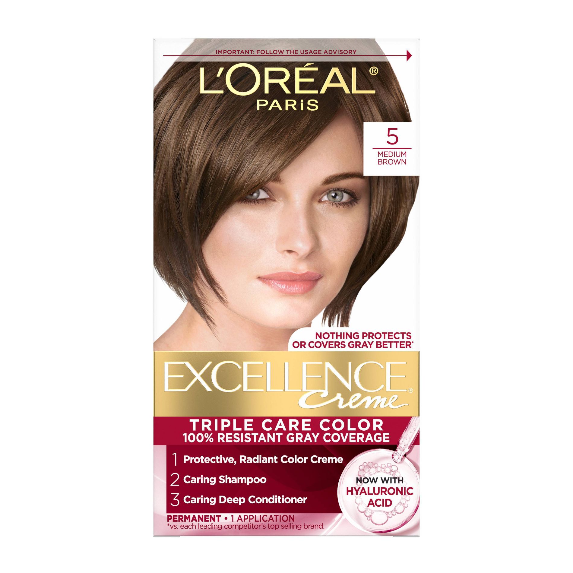 L'Oreal Paris Excellence Triple Protection Permanent Hair Color - 5 Medium Brown - 1 Kit: Paraben-Free, Includes Gloves, For All Hair Types